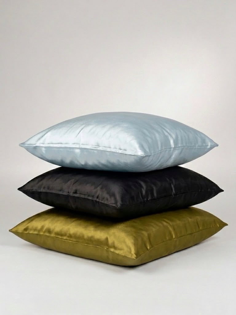 Fundas de almohada de satén en azul hielo, negro y oliva